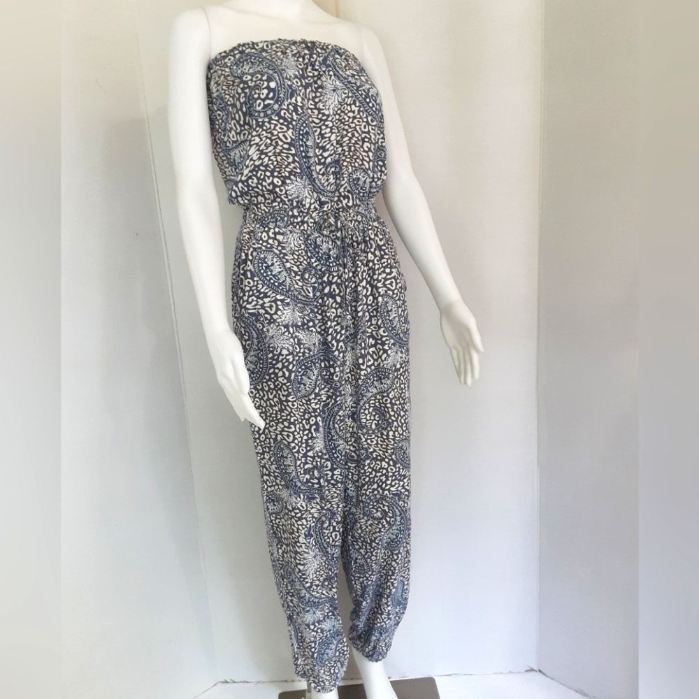 INDIGO ROSE Blue Paisley Print Tube Top | Drawstring Jumpsuit Sz S